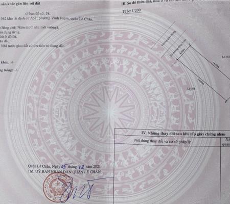 Lô đất 56m2 khu tái định cư Hồ Sen, Vĩnh Niệm, Lê Chân, HP